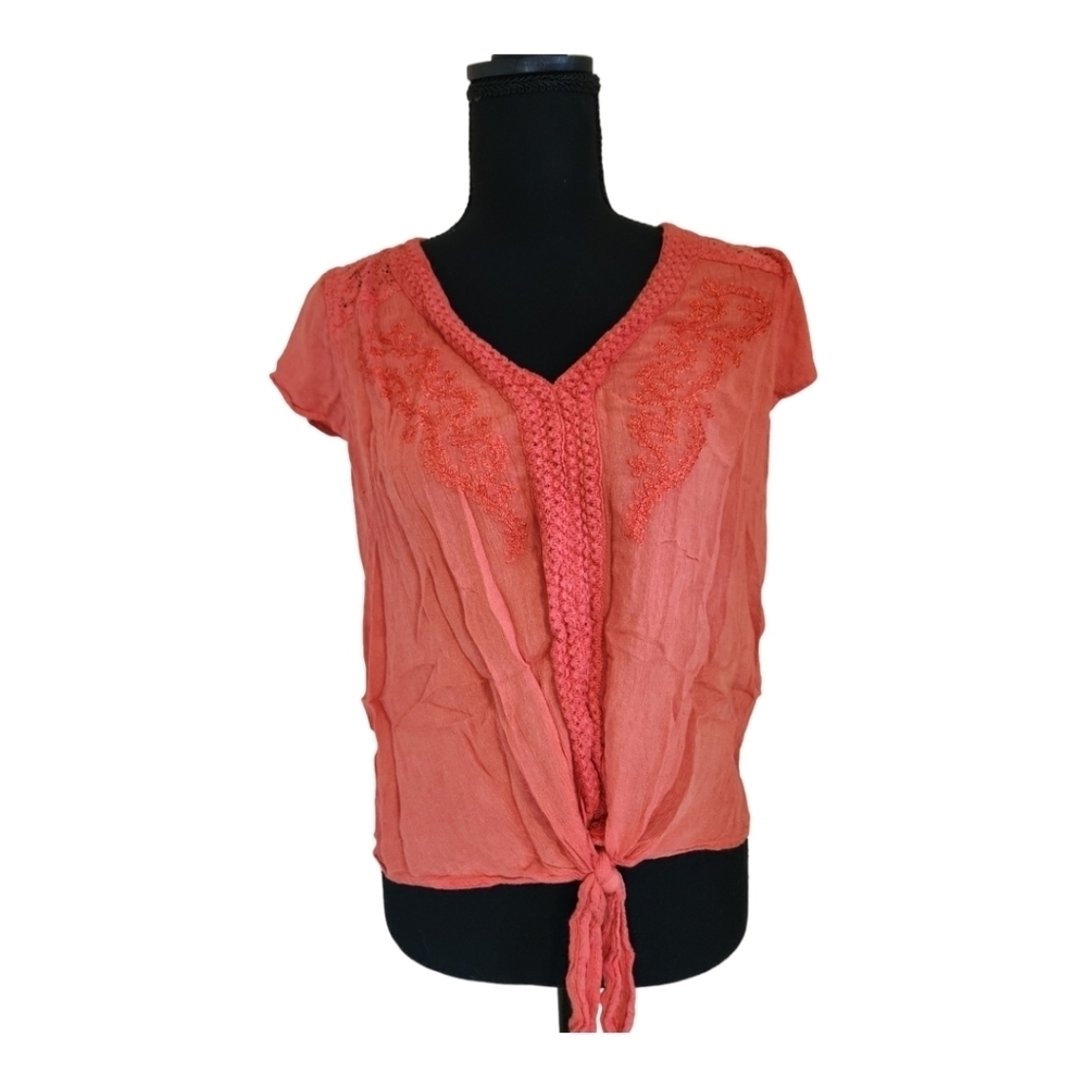 NOSTALGIA short sleeve blouse lace embellishment tie orange size large